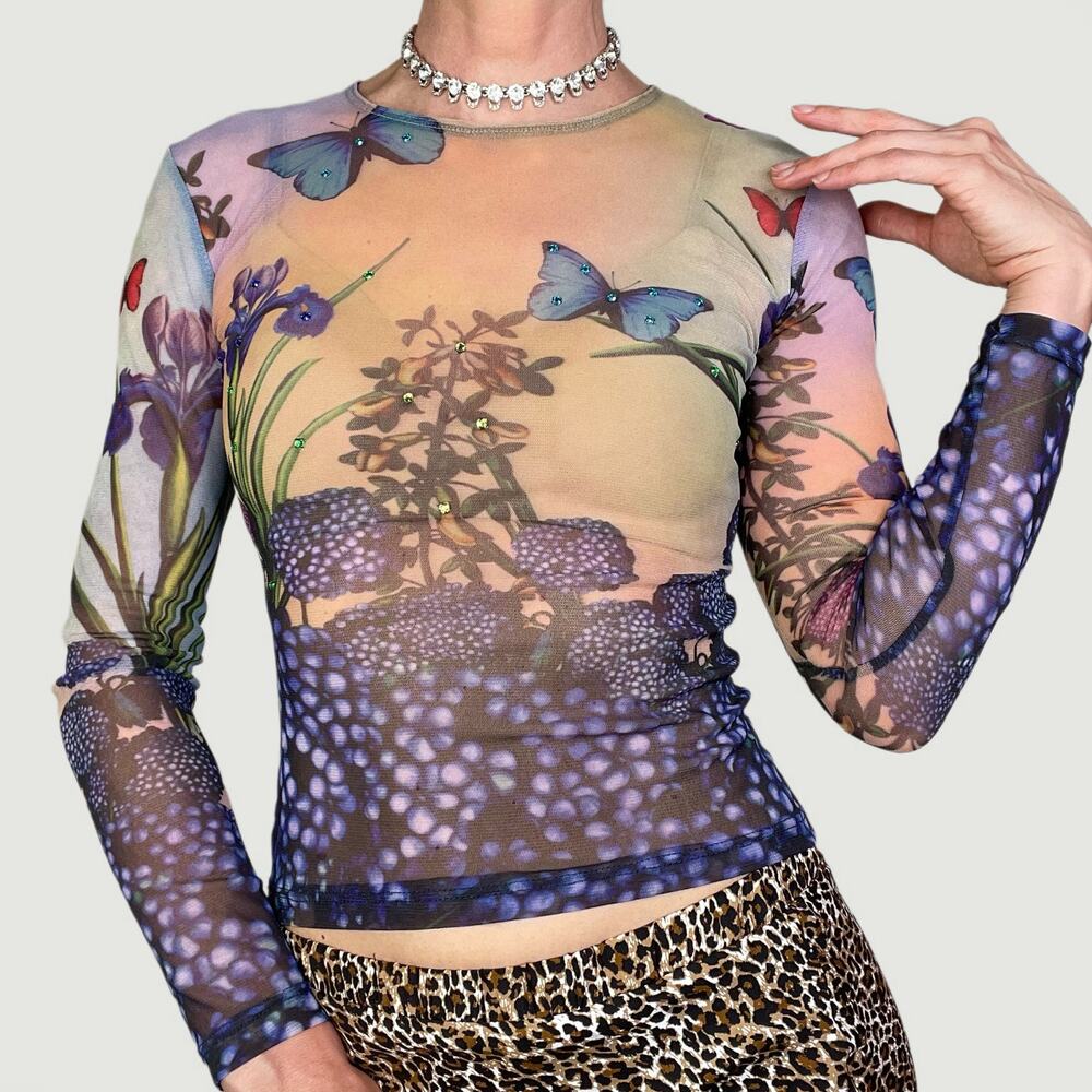 SOLD Just In Time USA floral butterfly mesh top vintage Y2K rhinestone beaded S - Picture 1 of 13
